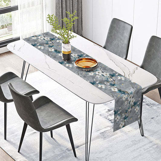 Lofaris Gray Floral Table Runner in an Ink Painting Style with Faux Glitter Moody and Elegant Botanical Art Decor