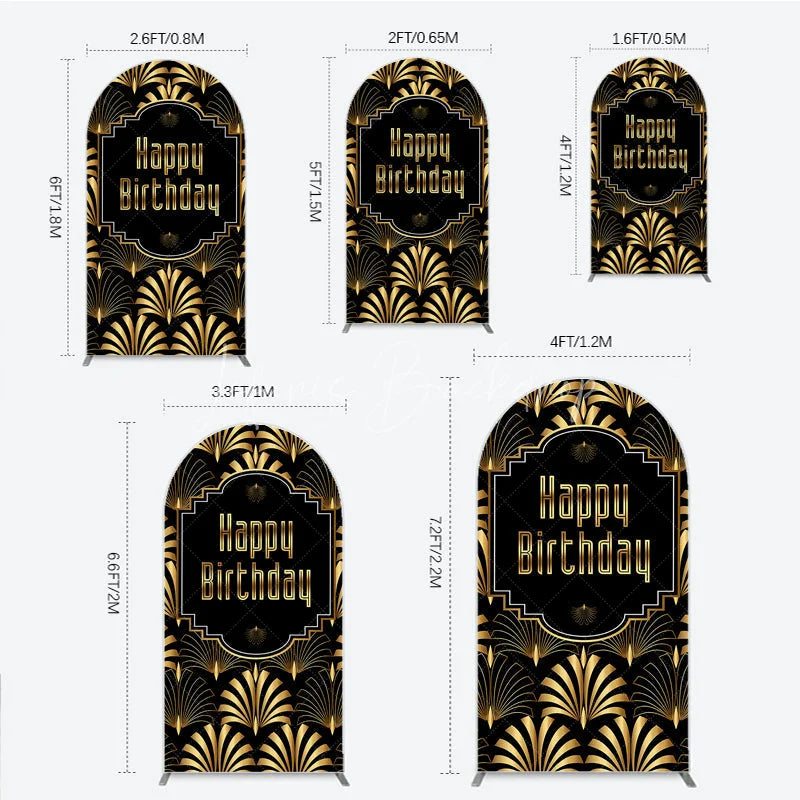 Lofaris Great Gatsby Happy Birthday Arch Backdrop Black and Gold Art Deco Pattern Roaring 20s Themed Party Photo Booth
