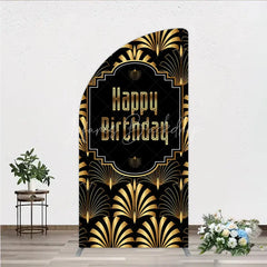 Lofaris Great Gatsby Happy Birthday Half Moon Arch Backdrop Black and Gold Art Deco Pattern Roaring 20s Themed Party Photo Booth