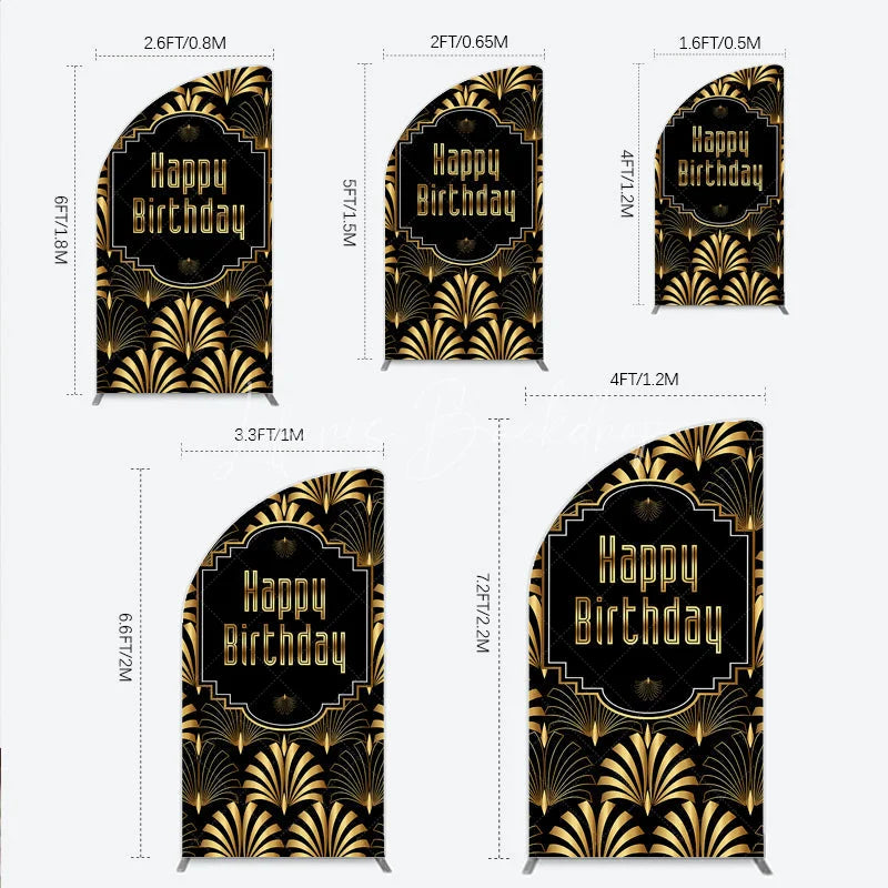 Lofaris Great Gatsby Happy Birthday Half Moon Arch Backdrop Black and Gold Art Deco Pattern Roaring 20s Themed Party Photo Booth