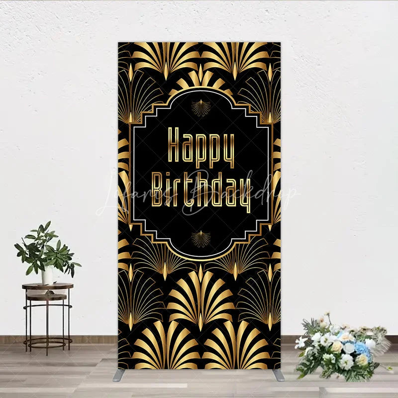 Lofaris Great Gatsby Happy Birthday Rectangle Backdrop Black and Gold Art Deco Pattern Roaring 20s Themed Party Photo Booth