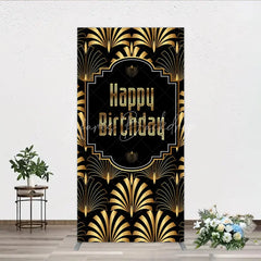 Lofaris Great Gatsby Happy Birthday Rectangle Backdrop Black and Gold Art Deco Pattern Roaring 20s Themed Party Photo Booth
