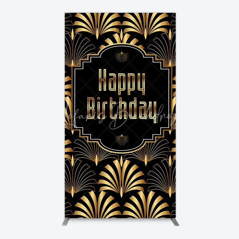Lofaris Great Gatsby Happy Birthday Rectangle Backdrop Black and Gold Art Deco Pattern Roaring 20s Themed Party Photo Booth