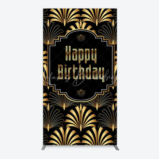 Lofaris Great Gatsby Happy Birthday Rectangle Backdrop Black and Gold Art Deco Pattern Roaring 20s Themed Party Photo Booth