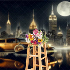 Lofaris Great Gatsby New York City Night Backdrop Golden Vintage Car and Skyline Photography Banner