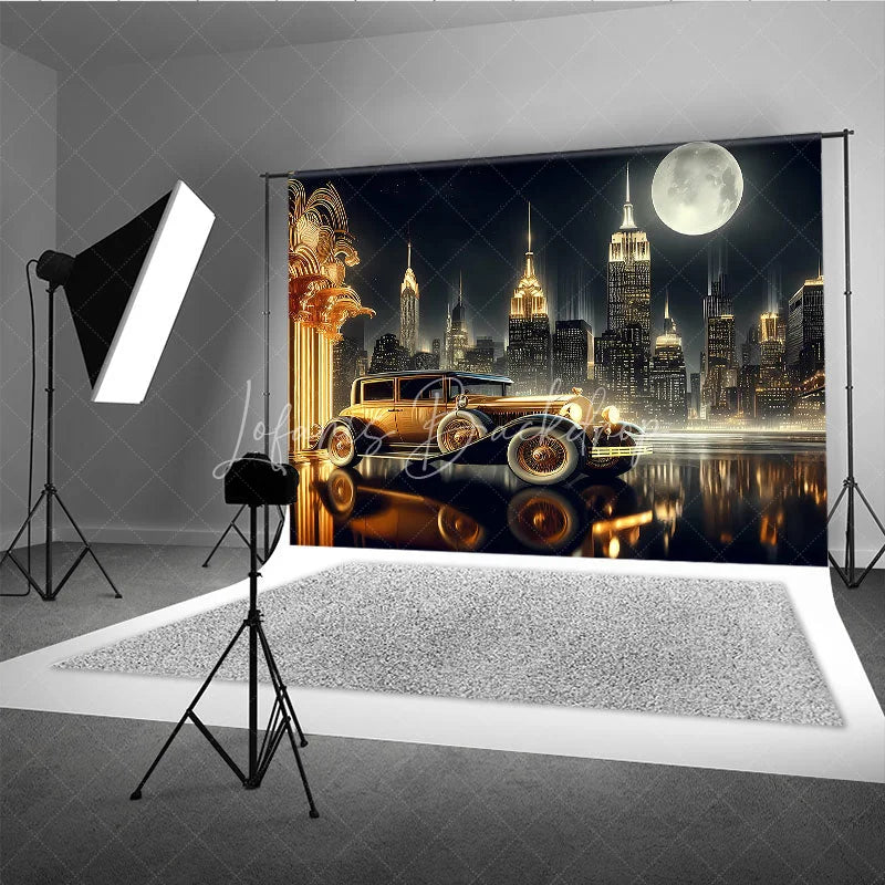 Lofaris Great Gatsby New York City Night Backdrop Golden Vintage Car and Skyline Photography Banner