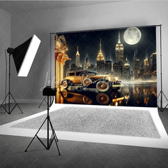 Lofaris Great Gatsby New York City Night Backdrop Golden Vintage Car and Skyline Photography Banner