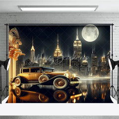 Lofaris Great Gatsby New York City Night Backdrop Golden Vintage Car and Skyline Photography Banner