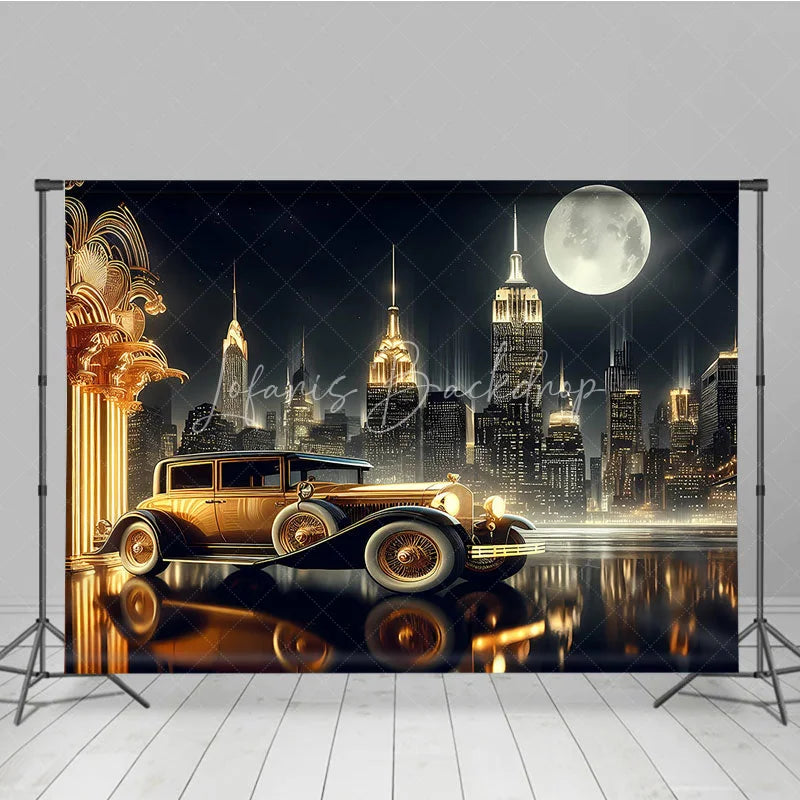 Lofaris Great Gatsby New York City Night Backdrop Golden Vintage Car and Skyline Photography Banner