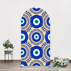 Lofaris Greek Evil Eye Arch Backdrop for Birthday Party Blue and Gold Nazar Amulet Pattern Protection Themed Photo Decor