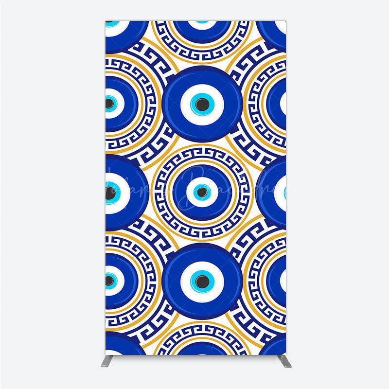 Lofaris Greek Evil Eye Rectangle Backdrop for Birthday Party Blue and Gold Nazar Amulet Pattern Protection Themed Photo Decor