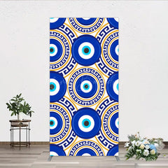 Lofaris Greek Evil Eye Rectangle Backdrop for Birthday Party Blue and Gold Nazar Amulet Pattern Protection Themed Photo Decor