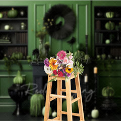 Lofaris Green and Black Monochromatic Halloween Photography Backdrop Elegant Fireplace with Pumpkins Crows Decor