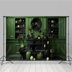 Lofaris Green and Black Monochromatic Halloween Photography Backdrop Elegant Fireplace with Pumpkins Crows Decor