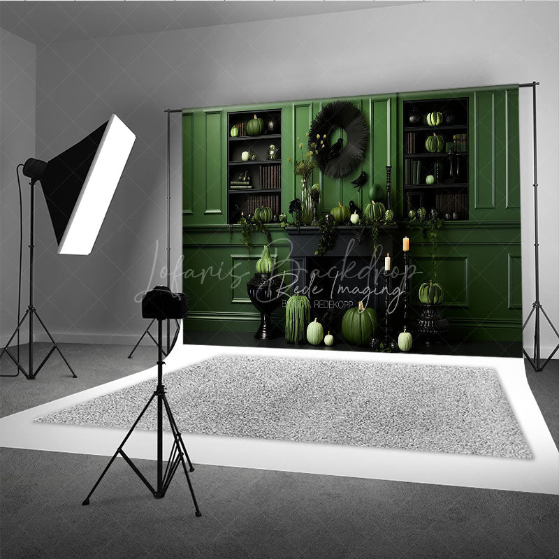 Lofaris Green and Black Monochromatic Halloween Photography Backdrop Elegant Fireplace with Pumpkins Crows Decor
