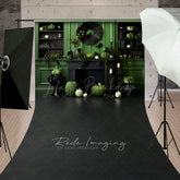 Lofaris Green and Black Monochromatic Halloween Sweep Backdrop Elegant Fireplace with Pumpkins Moody Photo Floor Drop