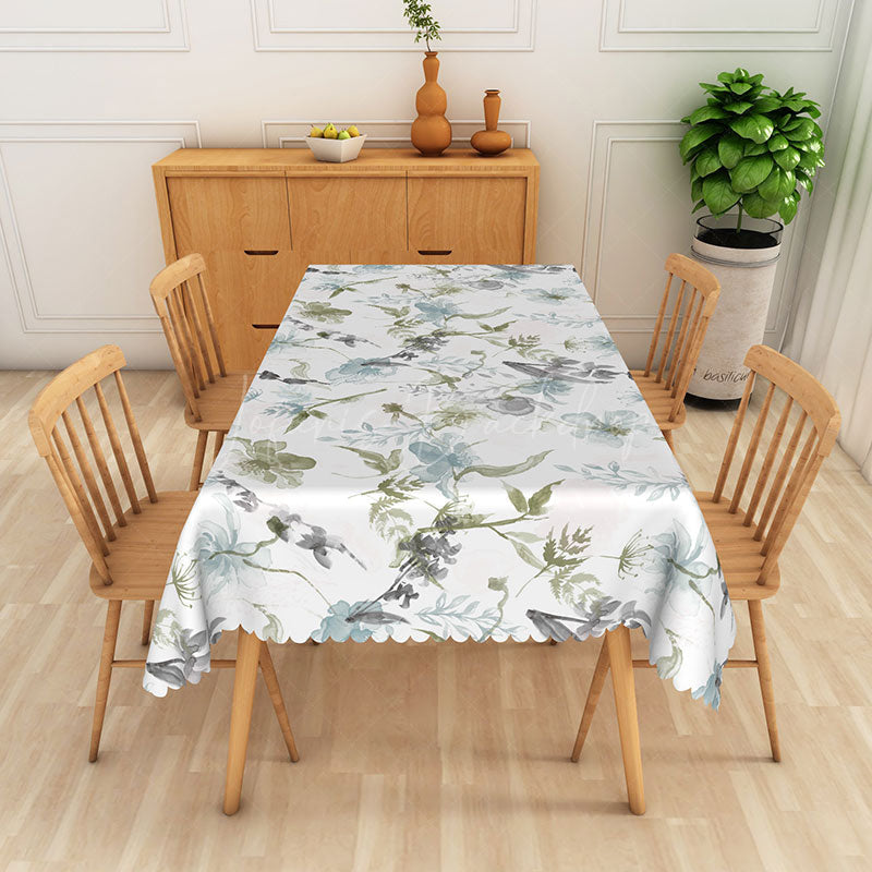 Lofaris Green and Blue Floral Ink Painting Rectangle Tablecloth for Artistic Abstract Botanical Dining Decor