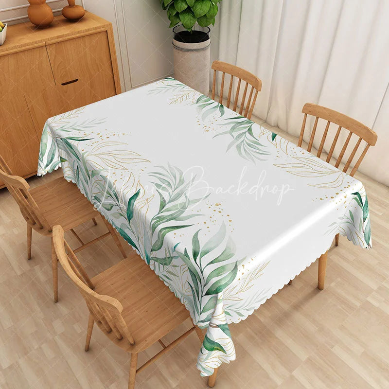 Lofaris Green and Gold Botanical Rectangle Tablecloth Elegant Foliage Glitter Table Cover Luxury Decor