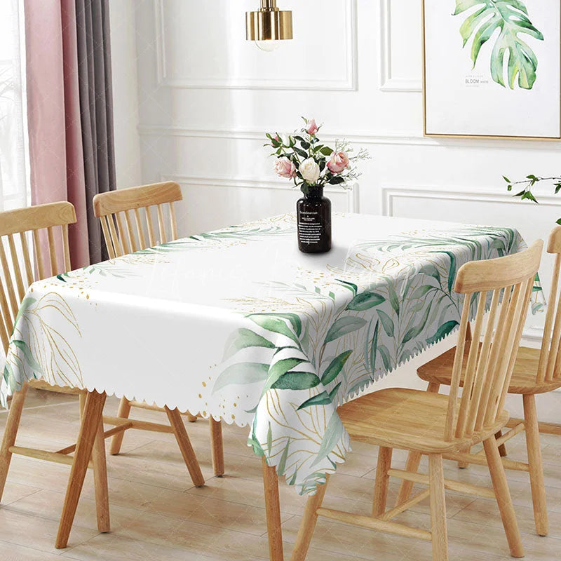 Lofaris Green and Gold Botanical Rectangle Tablecloth Elegant Foliage Glitter Table Cover Luxury Decor
