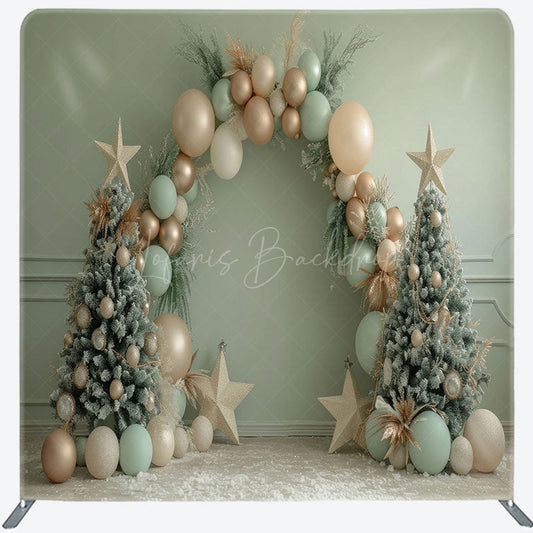 Lofaris Green Arch Balloon Star Christmas Tension Fabric Backdrop