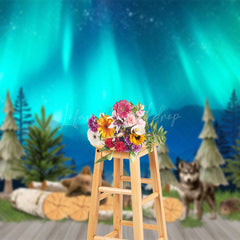 Lofaris Green Aurora Wild Forest Mountain Animals Backdrop