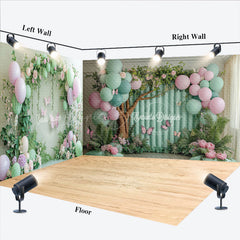Lofaris Green Balloons Spring Cake Smash Room Set Backdrop
