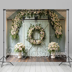 Lofaris Green Barn Door Floral Wedding Room Set Backdrop