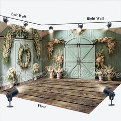 Lofaris Green Barn Door Floral Wedding Room Set Backdrop
