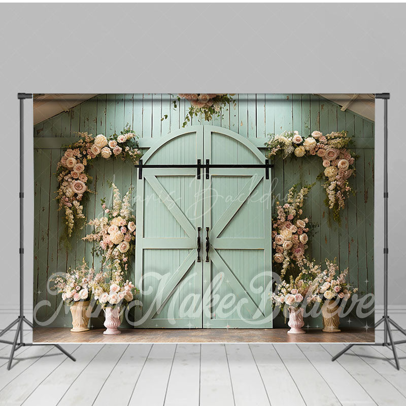 Lofaris Green Barn Door Floral Wedding Room Set Backdrop