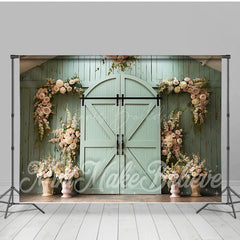 Lofaris Green Barn Door Floral Wedding Room Set Backdrop