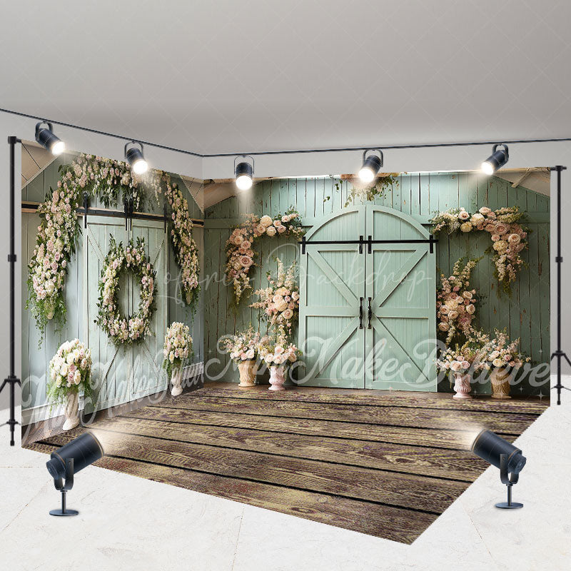 Lofaris Green Barn Door Floral Wedding Room Set Backdrop