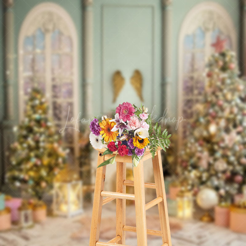 Lofaris Green Beige Palace Fireplace Christmas Tree Backdrop