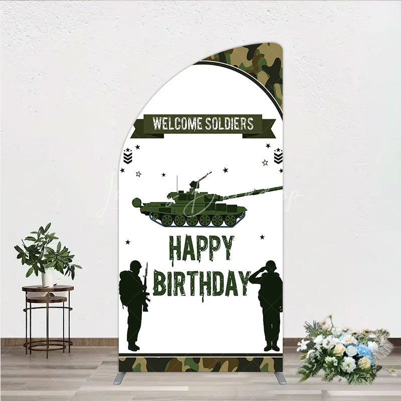 Lofaris Green Camouflage Army Tank Half Moon Arch Backdrop Kit Welcome Soldiers Happy Birthday Party Decor