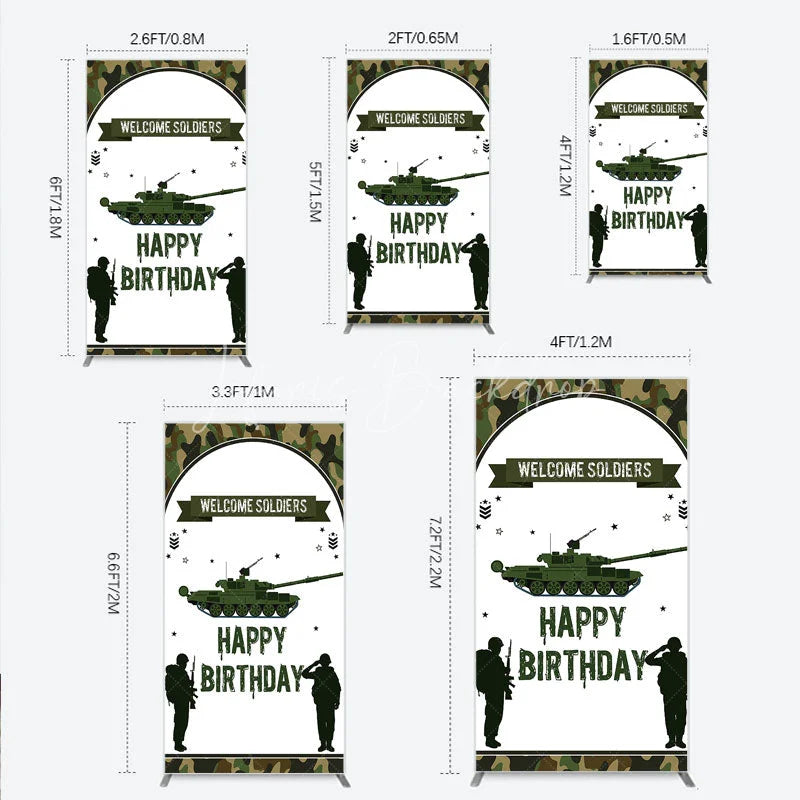 Lofaris Green Camouflage Army Tank Rectangle Backdrop Kit Welcome Soldiers Happy Birthday Party Decor