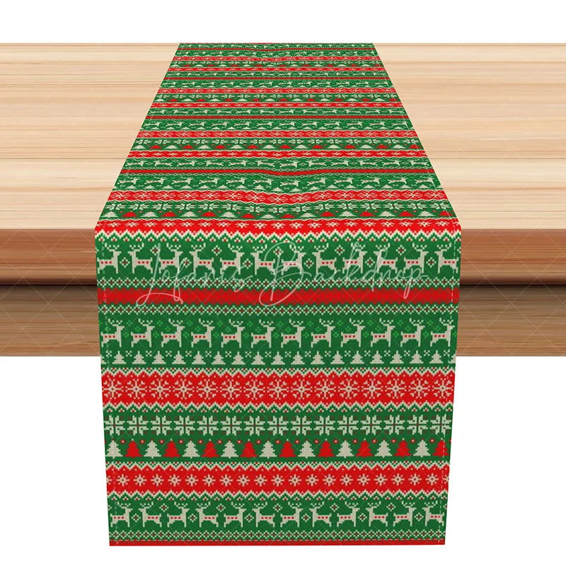 Lofaris Green Christmas Fair Isle Table Runner ’Ugly Sweater’ with Reindeer Red Holiday Dining Decor