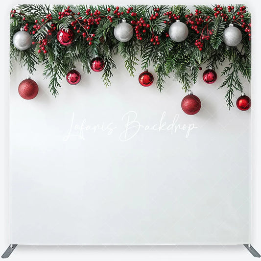 Lofaris Green Christmas Garland with Red Berries and Silver Ornaments Square Double-Sided Backdrop Festive Holiday Decor
