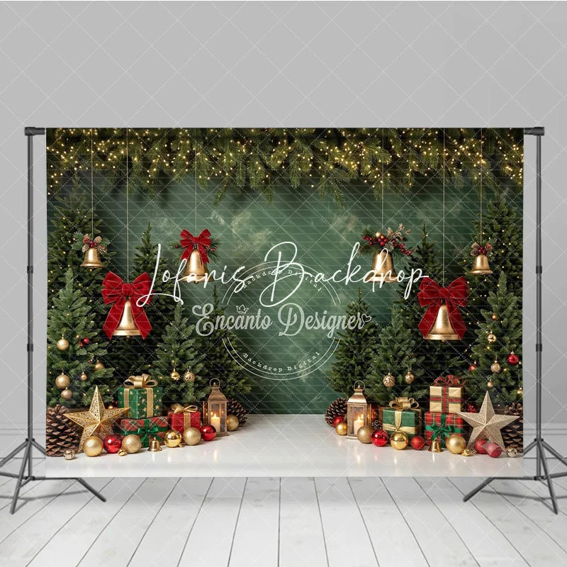 Lofaris Green Christmas Tree Holiday Backdrop with Golden Bells Red Bows and Festive Gifts Winter Party Decor