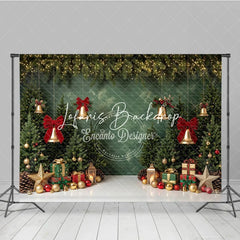 Lofaris Green Christmas Tree Holiday Backdrop with Golden Bells Red Bows and Festive Gifts Winter Party Decor