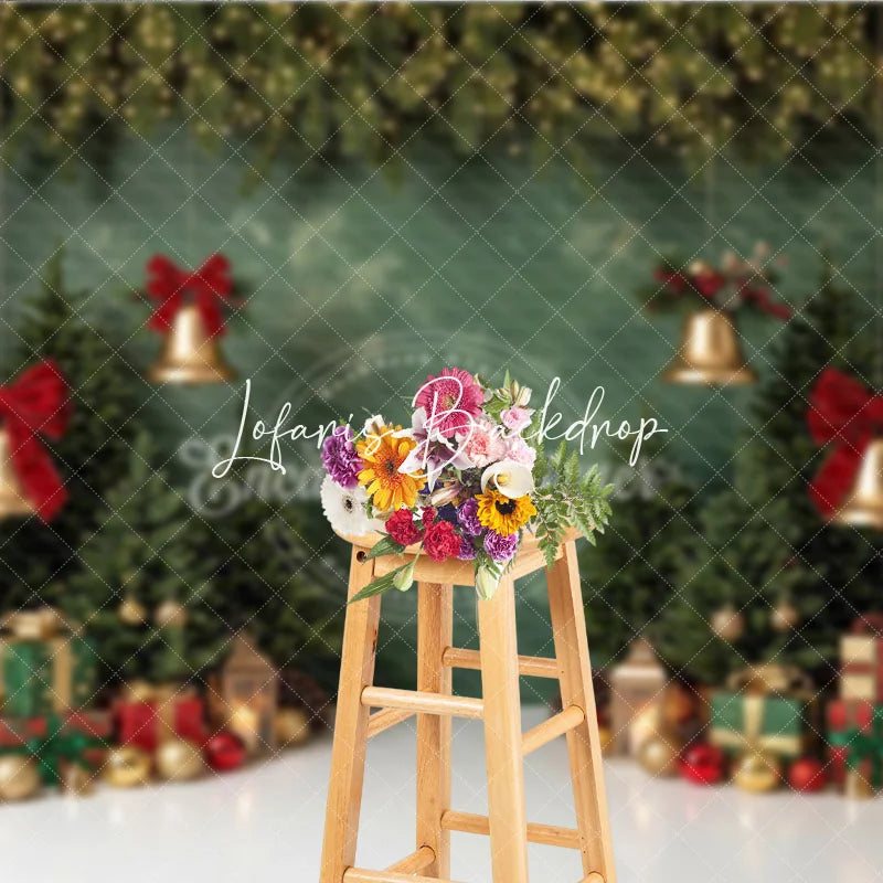 Lofaris Green Christmas Tree Holiday Backdrop with Golden Bells Red Bows and Festive Gifts Winter Party Decor