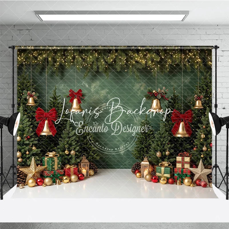 Lofaris Green Christmas Tree Holiday Backdrop with Golden Bells Red Bows and Festive Gifts Winter Party Decor