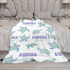 Lofaris Green Cute Sea Turtle White Custom Name Blanket