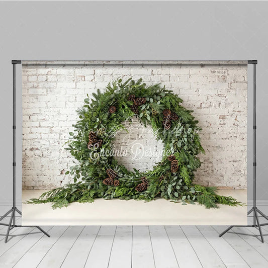 Lofaris Green Evergreen Wreath and Pinecone Holiday Backdrop Rustic Winter Christmas Party Decor on White Brick Wall