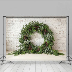 Lofaris Green Evergreen Wreath and Pinecone Holiday Backdrop Rustic Winter Christmas Party Decor on White Brick Wall