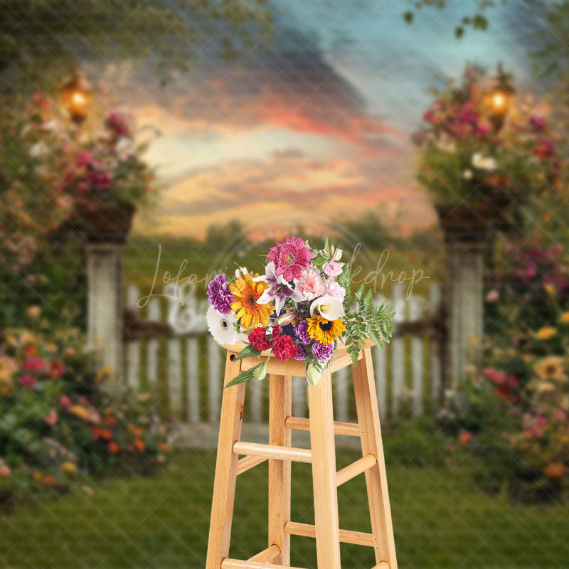 Lofaris Green Field Fence Floral Sunset Spring Backdrop