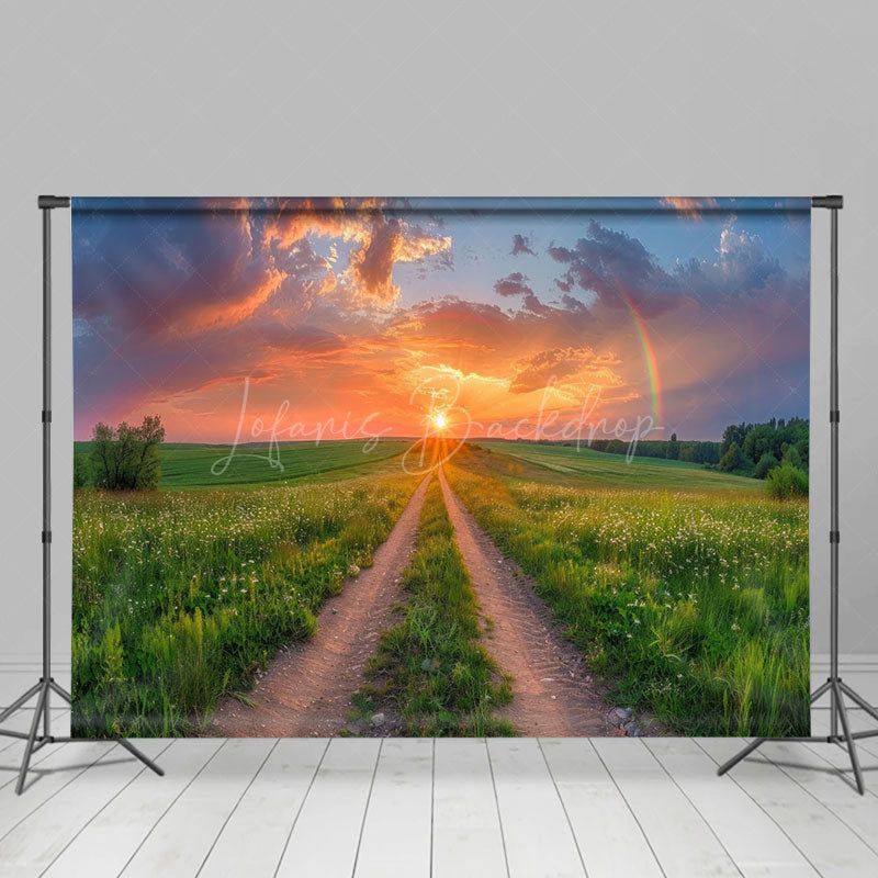 Lofaris Green Field Sunset Rainbow Natural Scene Backdrop