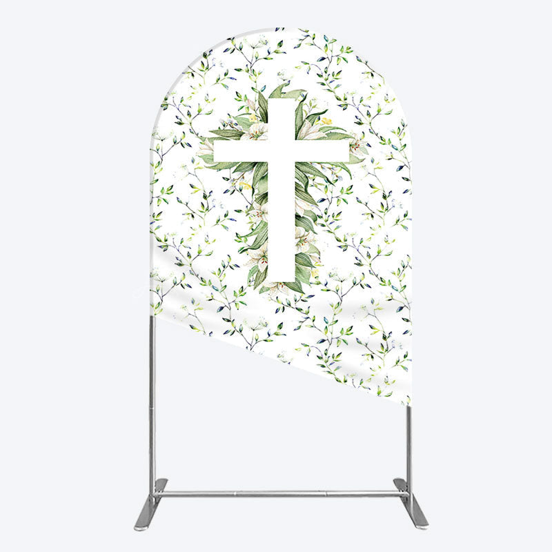 Lofaris Green Flower Cross God Bless Baptism Arch Backdrop