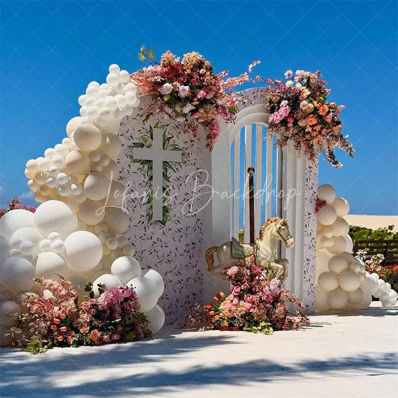 Lofaris Green Flower Cross God Bless Baptism Arch Backdrop
