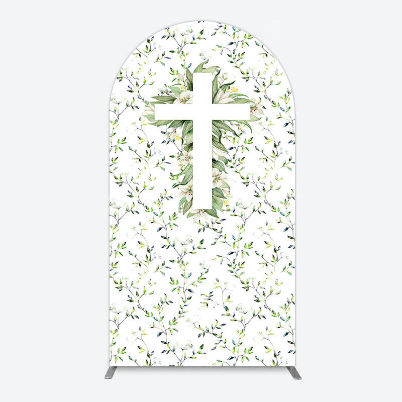 Lofaris Green Flower Cross God Bless Baptism Arch Backdrop