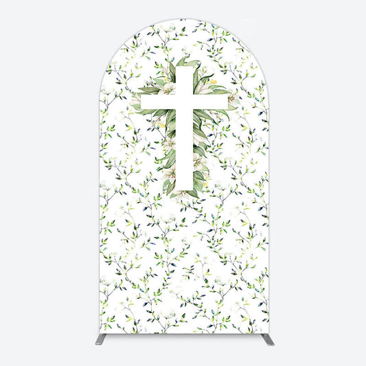 Lofaris Green Flower Cross God Bless Baptism Arch Backdrop