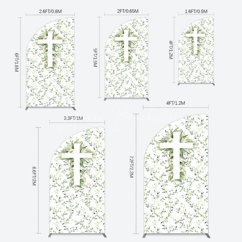Lofaris Green Flower Cross God Bless Baptism Half Moon Arch Backdrop